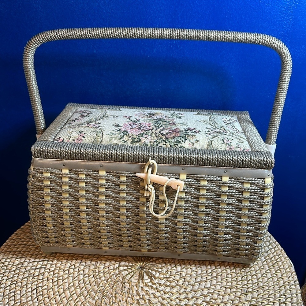 Vintage MCM RectangularTop Tapestry Faux Wicker Top Handle Sewing Box